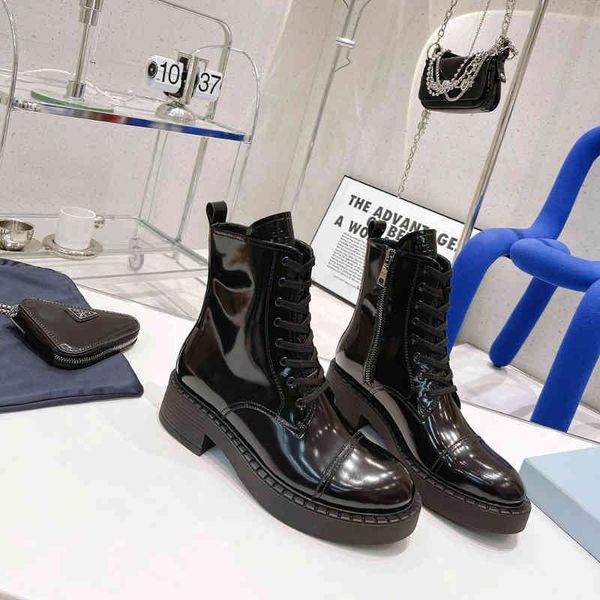 

boots chunky platform low heel ankle biker boots polished leather combat boot round toe zip lace-up martin booties luxury designers brand sh, Black