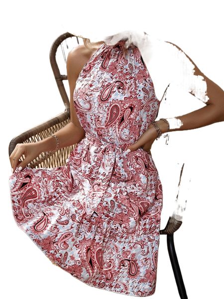

paisley print keyhole back ruffle hem halter dress o85h#, Black;gray