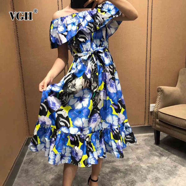 

elegant print floral summer dress for women slash neck short sleeve high waist hit color midi dresses female fashion 210507, Black;gray
