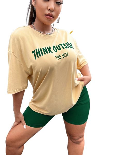 

plus letter graphic drop shoulder tee & biker shorts 00ac#, Black