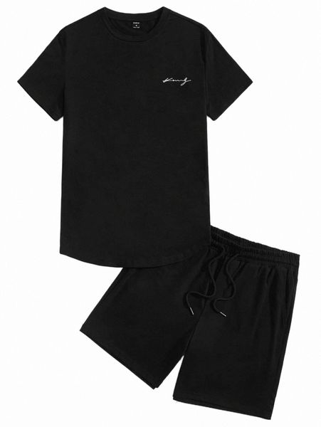 

men letter graphic tee and track shorts set d6qh#, Gray