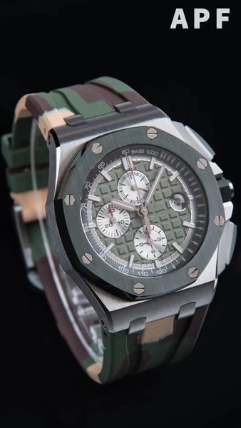 

apf ceramic chronograph wrist size 44mm26401 26400 26405 26411 equipped with 3126 movement double-sided sapphire lens natural rubber belt, Slivery;golden