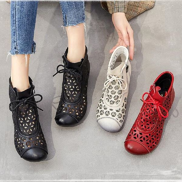 

sandals women genuine leather summer shoes zapatos femme square high heel women boots da033, Black