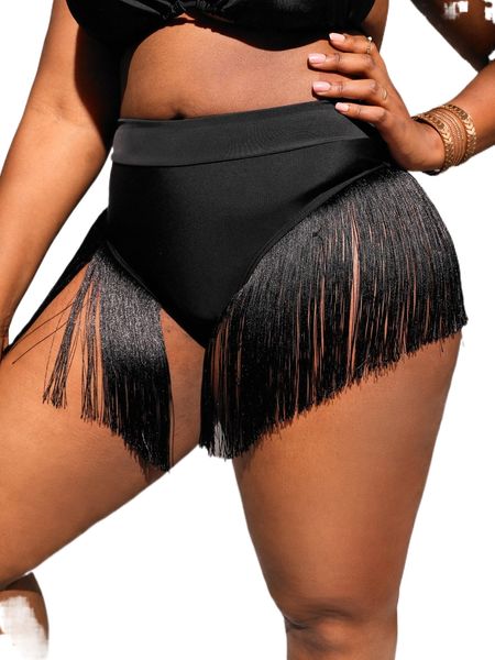 

plus fringe trim bikini bottom w5ur#, Black
