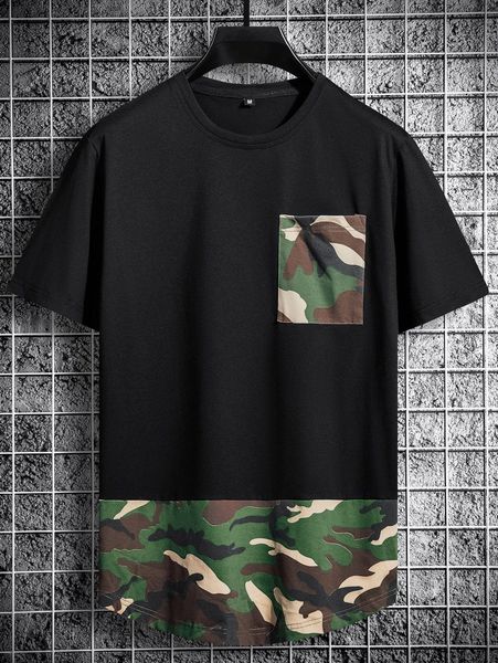 

men random camo print patched pocket tee 63hv#, White;black