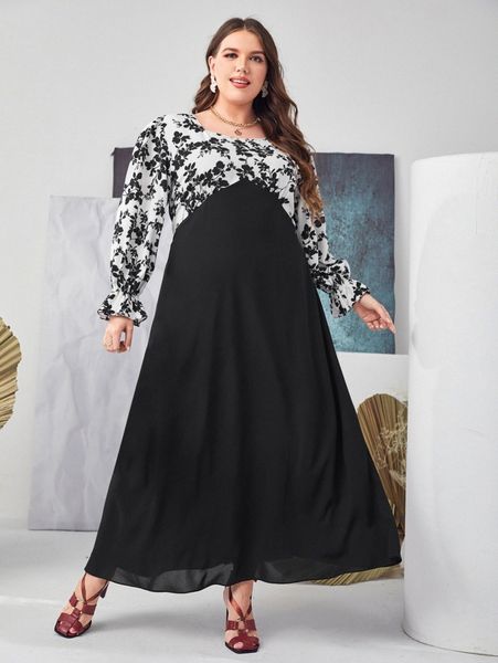

plus floral print flounce sleeve dress v0ry#, Black
