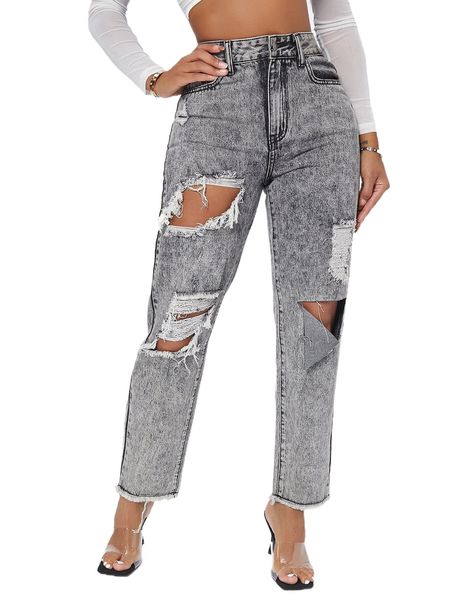 

sxy high waist ripped raw hem jeans r9b5#, Blue