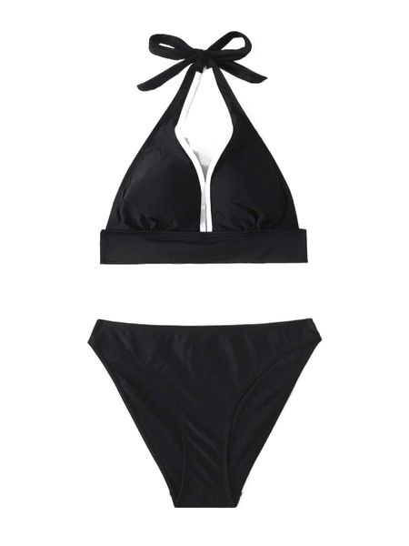 

binding trim halter bikini swimsuit 012a#, White;black
