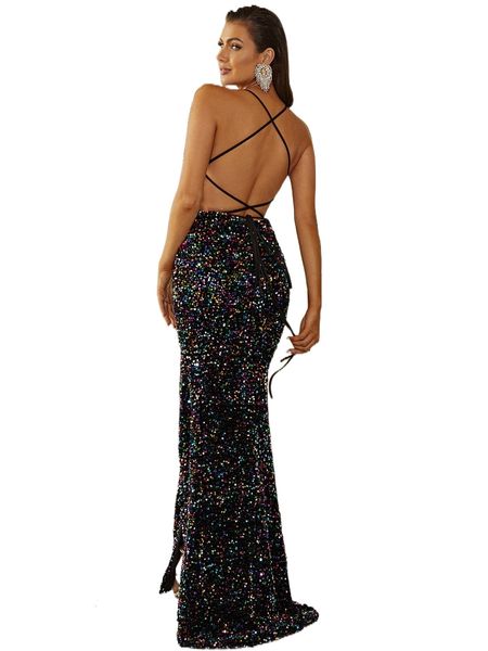 

missord lace up open back sequin formal dress c6tp#, Black;gray