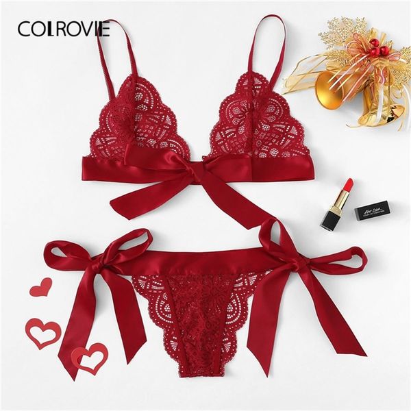

colrovie red christmas scalloped trim tie side lingerie set 2019 wireless ribbon intimates transparent underwear bra set y200708, Red;black
