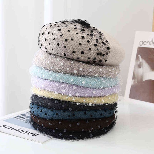 

2021 new beret female french hat netting flower mesh veil wool beret with veil for wedding party tweed mesh casqute j220722, Blue;gray