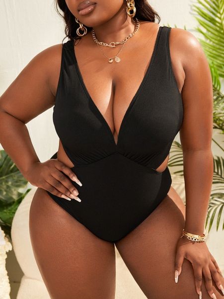 

plus solid rib cut-out one piece swimsuit p9dh#, White;black
