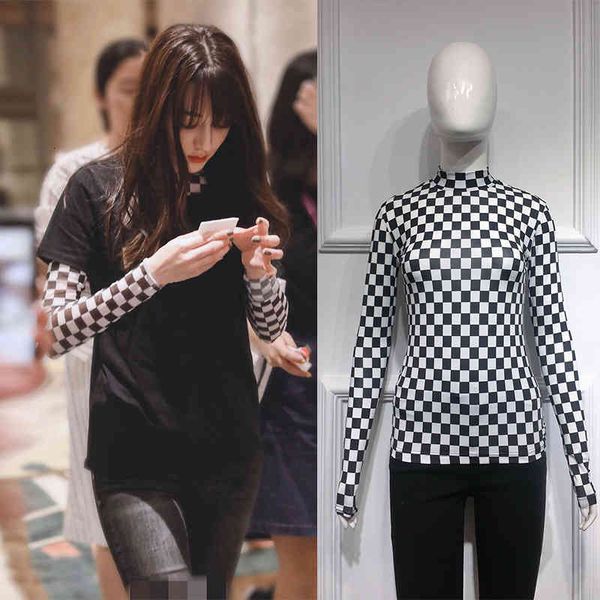 

women's t-shirt spring / summer yang mi di li reba black and white plaid inside with t-shirt bottom shirt women's long sleeved pla