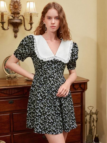 

mod ditsy floral contrast peter pan collar a-line dress 31u7#, Black;gray