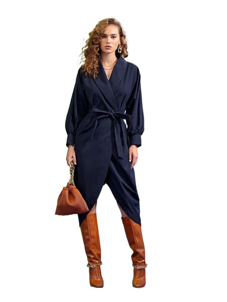 

x wijdan shawl collar wrap belted dress k59k#, Black;gray