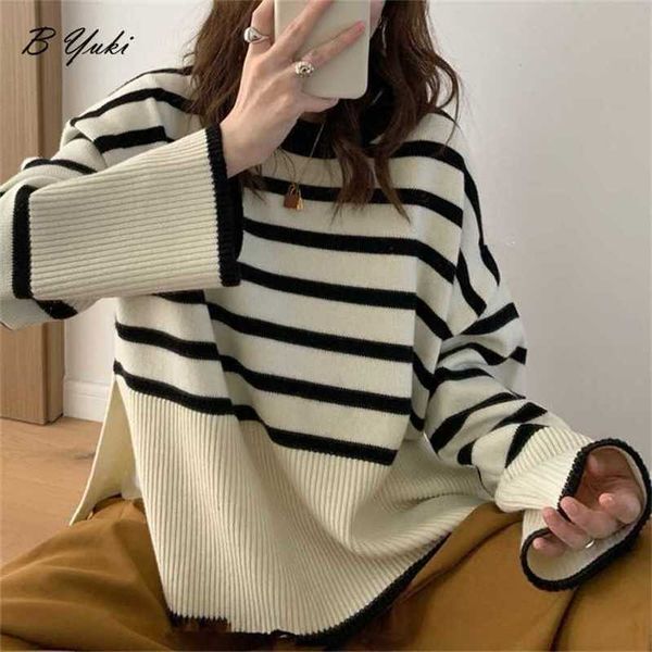 

blessyuki autumn oversized loose knitted stripe sweater women classic retro allmatch bilateral split pullovers female soft 211217, White;black