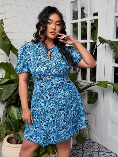 

plus leopard puff sleeve tie neck dress 19bx#, Black