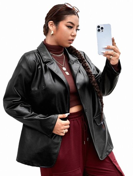 

plus lapel neck pu coat q5ir#, Black