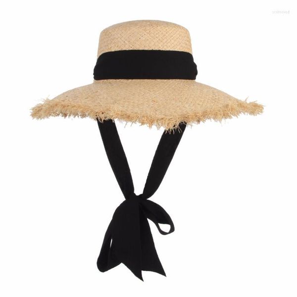 Chapéus largos de aba feita à mão Raffia Sun for Women Black Ribbon Lace Up Large Straw Hat ao ar livre Caps de verão Chapeu feminino scot22