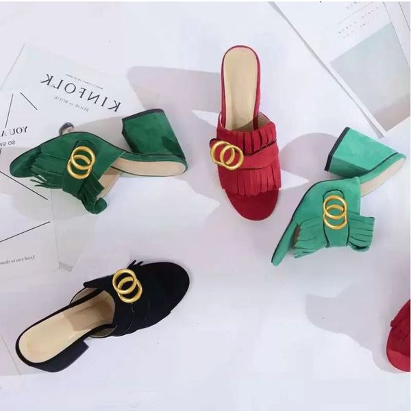 

classic designer women half slippers cowhide 100% leather suede thick heels metal slides woman shoe beach lazy sandals high heeled shoes lar, Black
