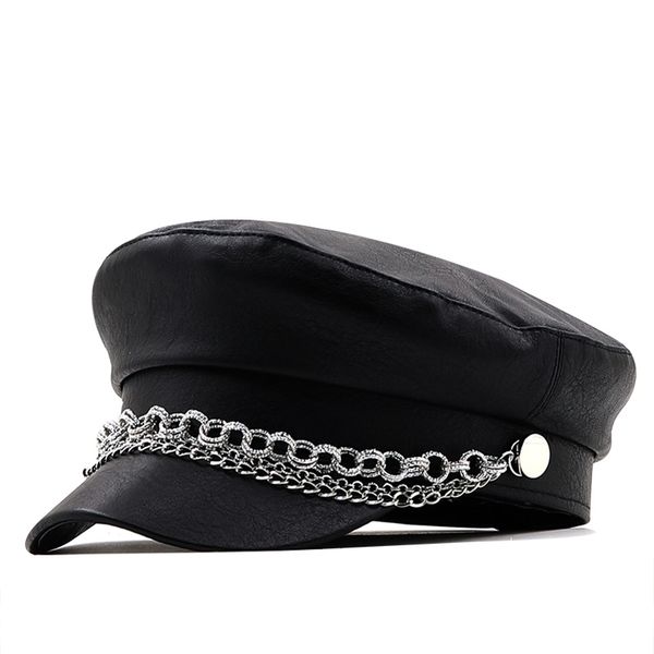 

women ladies autumn winter beret hat pu leather british style flat octagonal cap adjustable female 220817, Blue;gray