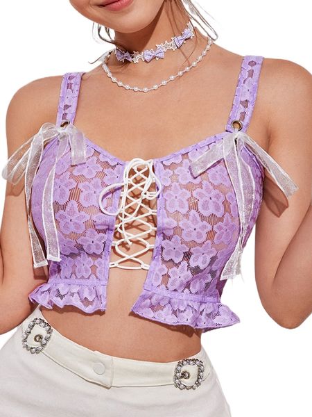 

allover f.loral pattern l.ace u.p front r.uffle h.em c.rop cami m6wy#, White