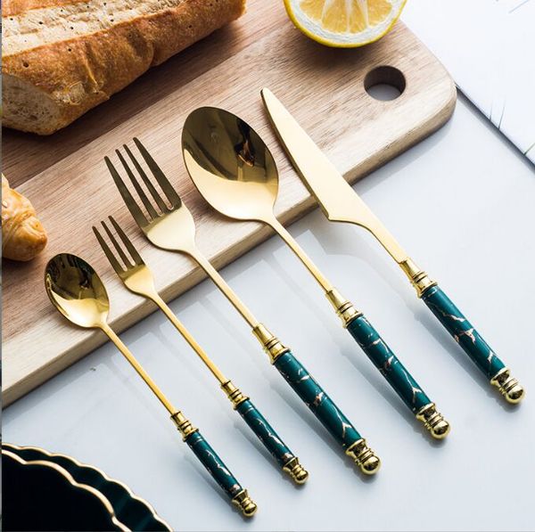 

dinnerware sets 5pic/set nordic ceramic stainless steel knife fork creative marbled steak western tableware coffee spoon fruit fork