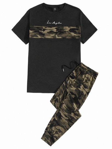 

men camo letter graphic tee & drawstring waist sweatpants 75vu#, Gray
