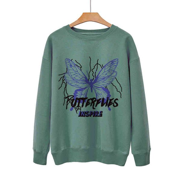 

autumn blue butterfly print slim pullover round neck long sleeve sweater, Black