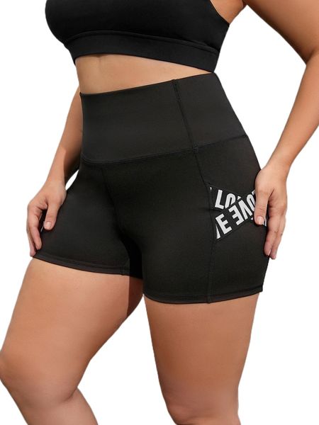 

plus contrast letter tape sports shorts i39q#, Black