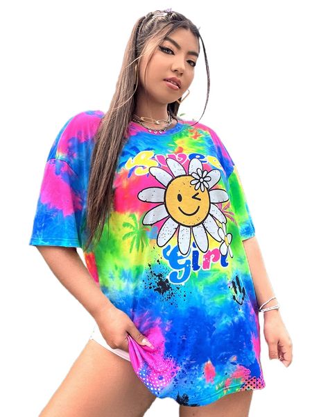 

plus floral & letter graphic tie dye drop shoulder tee d09v#, Black