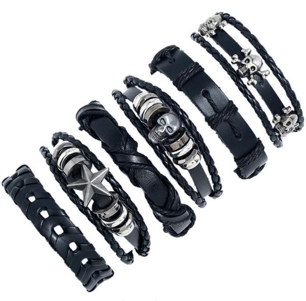 

five star skull series men woman cowhide bracelet diy beaded strands black multiple shares braid combination suit bracelet 6styles/1set