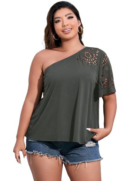 

plus one shoulder laser cut tee m8qk#, Black