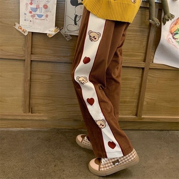 

favour corduroy pants women winter fashion vintage trousers women loose casual bear print splice stripe straight leg pants 201228, Black;white