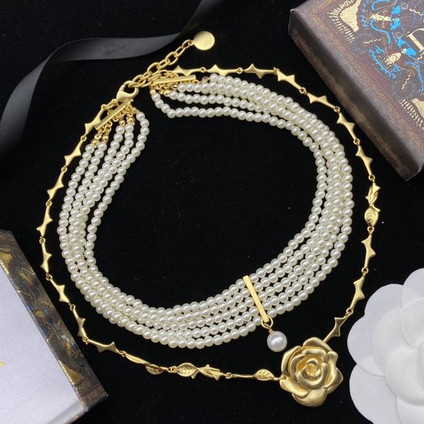 

classic designer necklaces fashion retro multilayer pearl beaded rose pendant woman choker valentine's day wedding lovers gifts, Silver