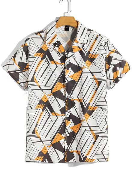 

men geo print lapel collar shirt y3w5#, White;black