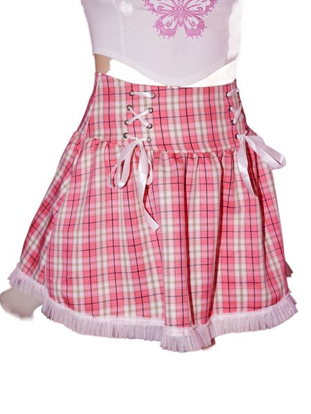 

romwe plaid lace up skirt u6um#, Black