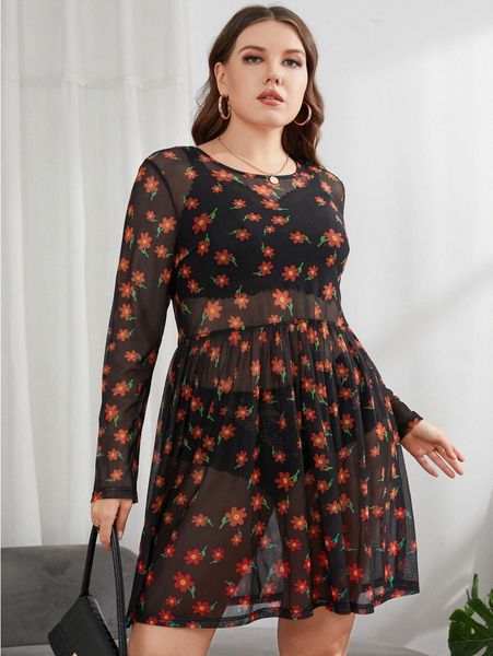 

plus allover floral mesh a-line dress f3n3#, Black