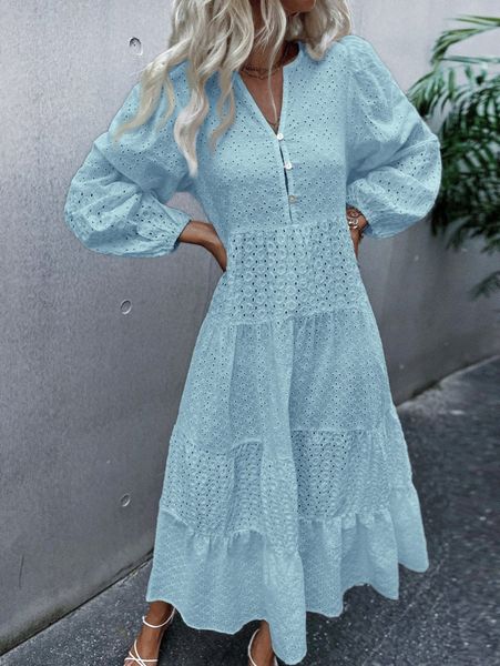

eyelet embroidery ruffle hem dress t0yc#, Black;gray