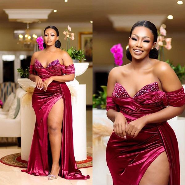 

burgundy evening dresses with high slit african satin pleat vestido largo de fiesta prom dress customize gowns, Black;red
