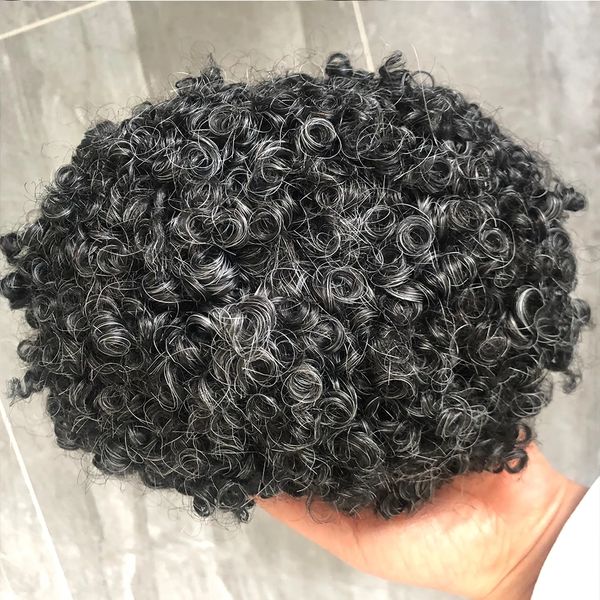 #1B Off Black Hair Men Toupee 15mm Curly Fina Fina