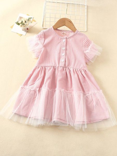 

toddler girls gingham contrast mesh ruffle hem dress she, Red;yellow