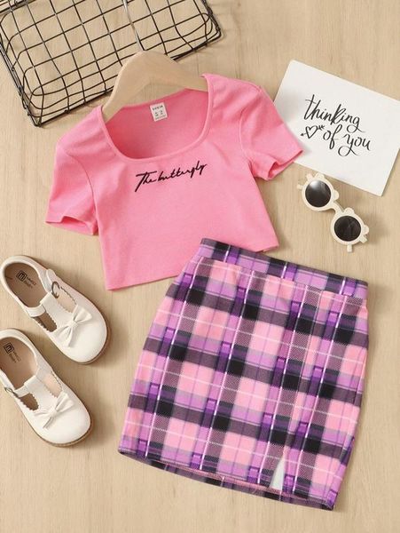 

girls letter embroidery tee & plaid print split hem skirt she, White
