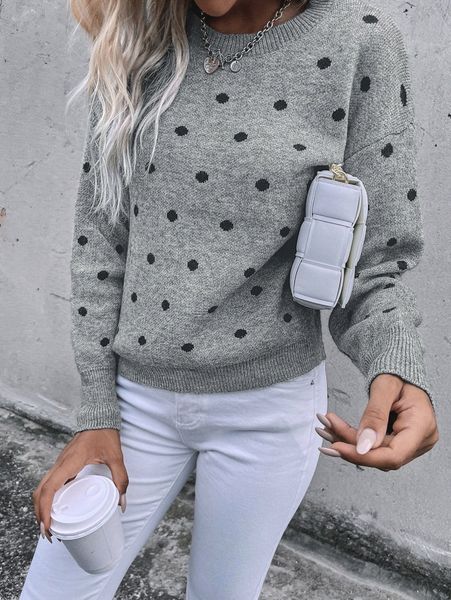 

polka dot drop shoulder sweater t1tx#, White;black