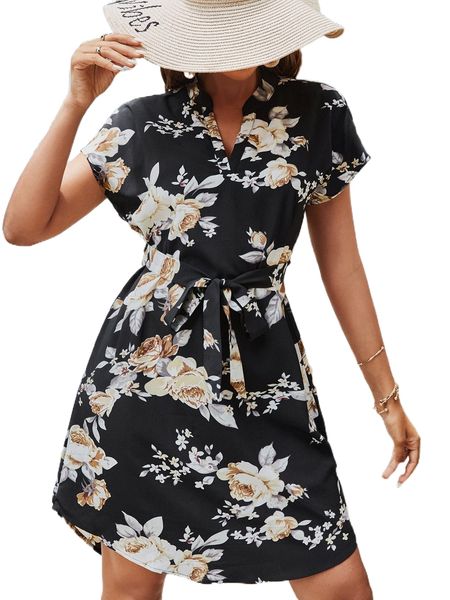 

floral print batwing sleeve belted popover dress f2fs#, Black;gray