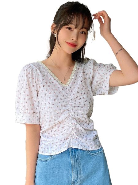 

dazy ditsy floral ruched appliques puff sleeve blouse v39j#, White