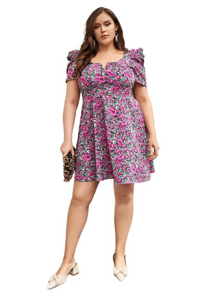 

plus floral print sweetheart neck puff sleeve dress o5vi#, Black