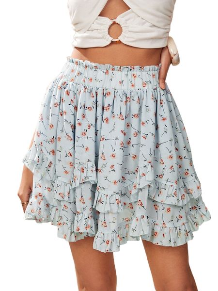 

ditsy floral print paperbag waist two layer hem chiffon skirt w5hf#, Black