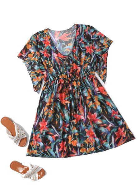 

plus tropical knot front print cover up c3yl#, Black