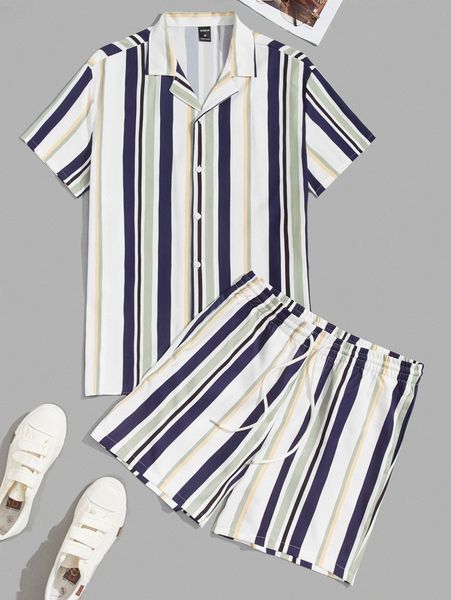 

men striped print lapel neck shirt & drawstring waist shorts g5ct#, Gray